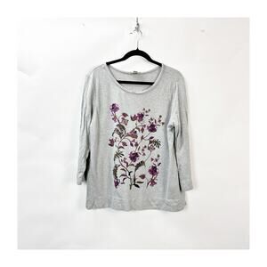 2/$30 LOFT Gray Floral Print Sweatshirt Large Women 3/4 Sleeve Cotton Pullover